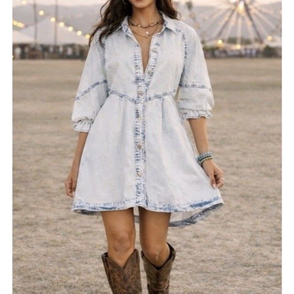 We The Free Womens S Light Wash Hanna Denim Mini Dress Cowgirl Festival Boho